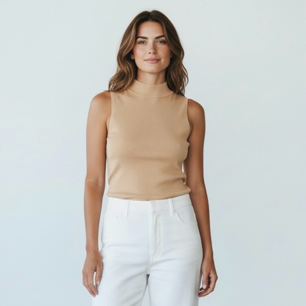 Reiss Luciana Chic Sleeveless Funnel High Neck Beige‎ Dressy Tank Top